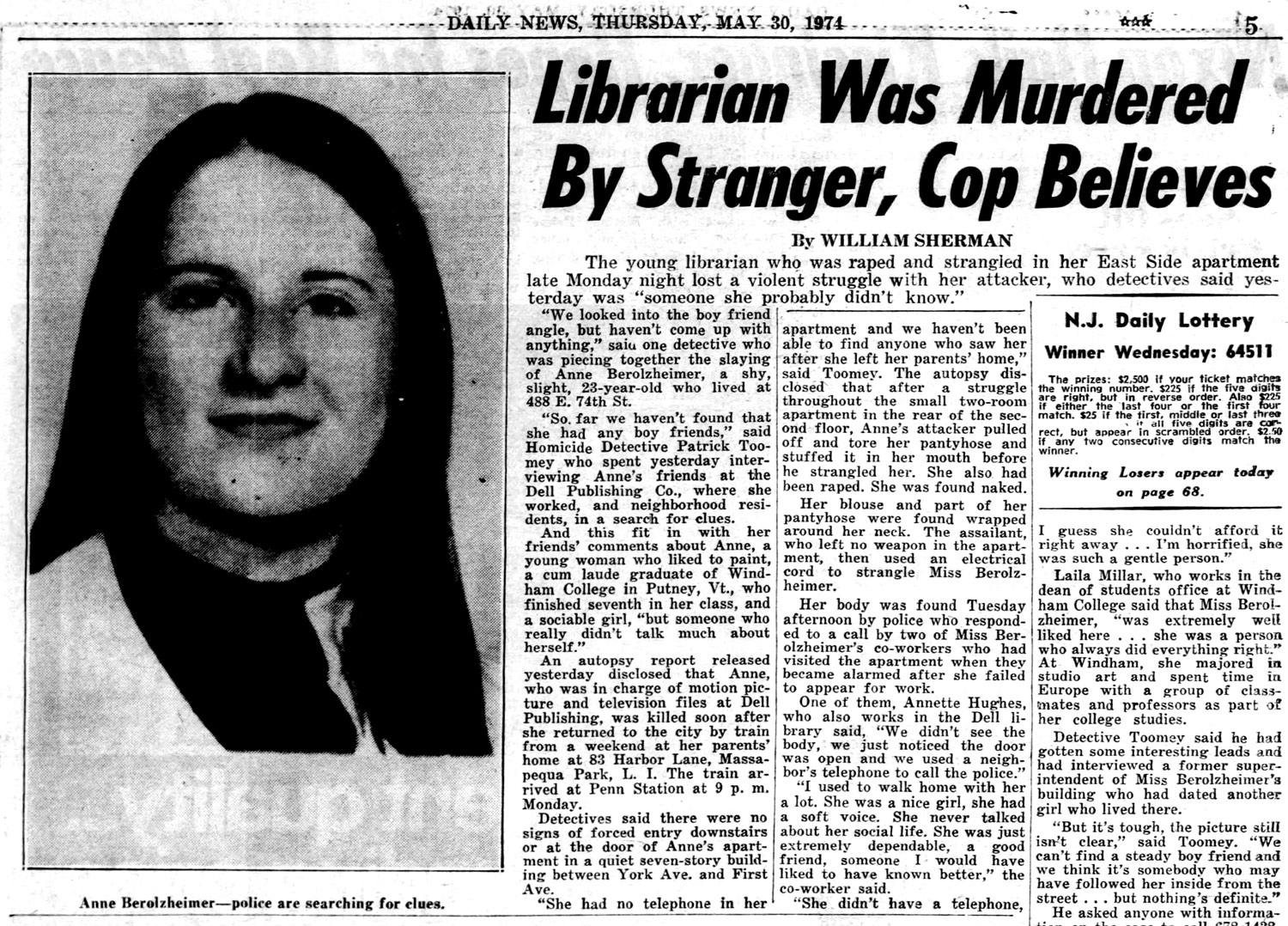 Anne Berolzheimer Murder New York 1974